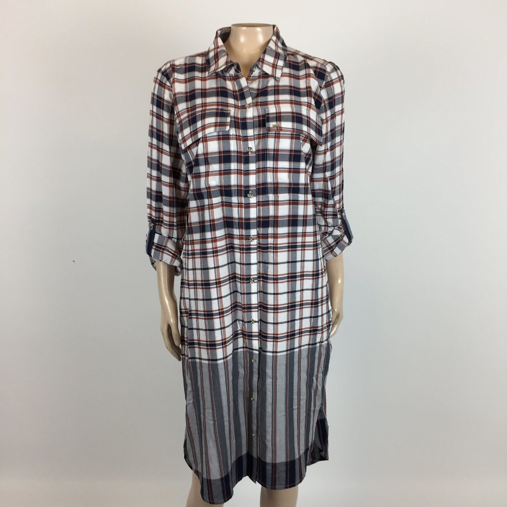 Tommy Hilfiger White Navy and Red Plaid Long Sleeve Shirt Dress
